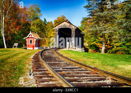 Basso Angolo di visione di un oggetto ponte ferroviario oltre il Fiume Pemigwasset, North Woodstock, New Hampshire Foto Stock