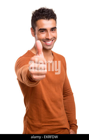 Sorridente guy mostra pollice in alto Foto Stock