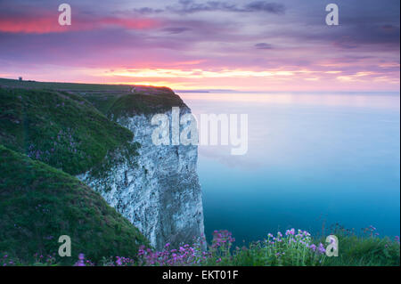 Tramonto e cielo colorato su alta scogliera di gesso e calmo mare blu (pittoresco paesaggio costiero) - Bempton Cliffs, Bridlington, East Yorkshire, Inghilterra, Regno Unito. Foto Stock