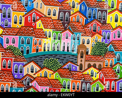 Pittura colorata delle vecchie case coloniali di Pelourinho da artista di strada a Salvador de Bahia, Brasile,. Foto Stock