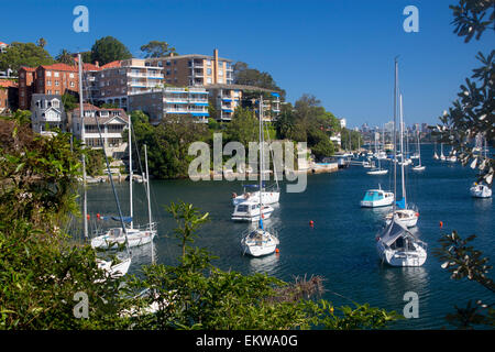 Mosman Harbour o Mosman Bay con barche, guardando fuori a Port Jackson North Shore sobborghi Sydney New South Wales NSW Australia Foto Stock