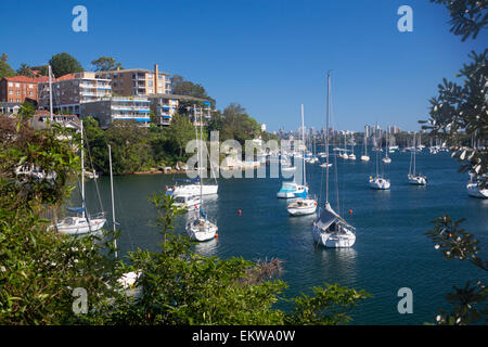 Mosman Harbour o Mosman Bay con barche, guardando fuori a Port Jackson North Shore sobborghi Sydney New South Wales NSW Australia Foto Stock