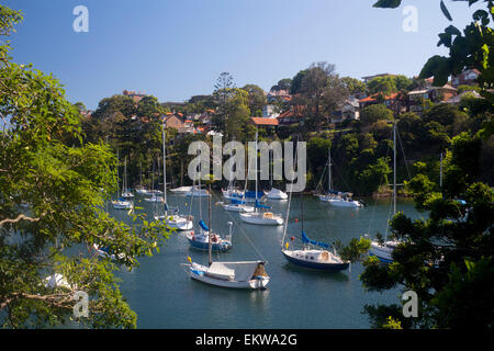 Mosman Harbour o Mosman Bay con barche, guardando fuori a Port Jackson North Shore sobborghi Sydney New South Wales NSW Australia Foto Stock