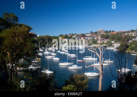 Mosman Harbour o Mosman Bay con barche, guardando fuori a Port Jackson North Shore sobborghi Sydney New South Wales NSW Australia Foto Stock