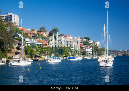 Mosman Harbour o Mosman Bay con barche, guardando fuori a Port Jackson North Shore sobborghi Sydney New South Wales NSW Australia Foto Stock