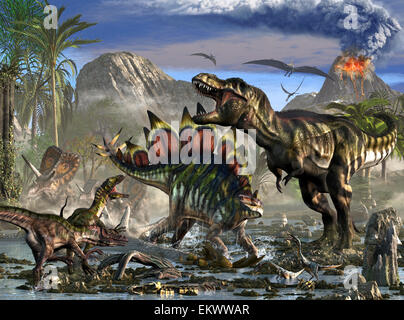 Stegosaurus difende da T-Rex e alcuni Utahraptors. Sullo sfondo sono alcuni Torosaurus dinosauri. Foto Stock