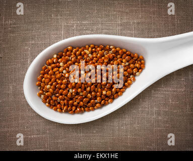 Il miglio di semi in un cucchiaio di legno / foto ad alta risoluzione di grano in porcellana bianca cucchiaio su tela cilicio sfondo Foto Stock