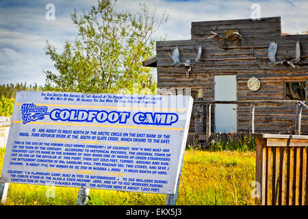 Storico di cabine di data mining a Coldfoot Camp, Coldfoot, milepost 175 sulla Dalton Hwy, Arctic Alaska, inizio di caduta. Foto Stock