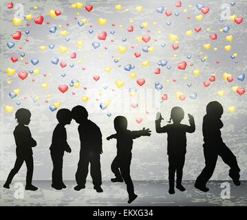 Bambini felici che ballano silhouette con sfondo da discoteca Illustrazione Vettoriale