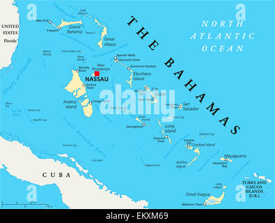 Il Bahamas Mappa Politico con capitale Nassau, importanti città e luoghi. Etichetta inglese e la scala. Illustrazione. Foto Stock