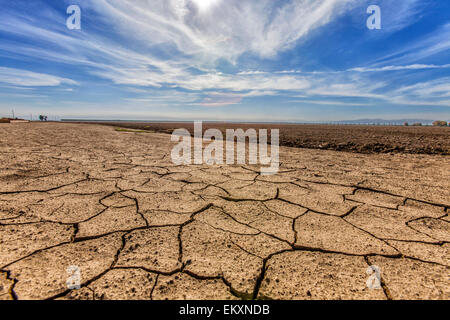 Incrinato e terra asciutta accanto a maggese campo di coltivazione. La Contea di Fresno, San Joachin Valley, California, Stati Uniti d'America Foto Stock