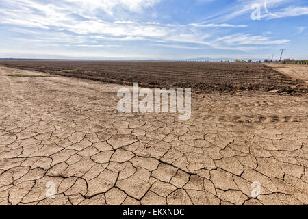 Incrinato e terra asciutta accanto a maggese campo di coltivazione. La Contea di Fresno, San Joachin Valley, California, Stati Uniti d'America Foto Stock