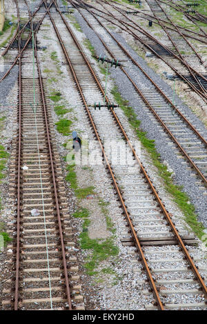 Angolo alto vista prospettica su molte stazione via linee. Più il binario ferroviario interruttori, foto simbolico per decisione Foto Stock