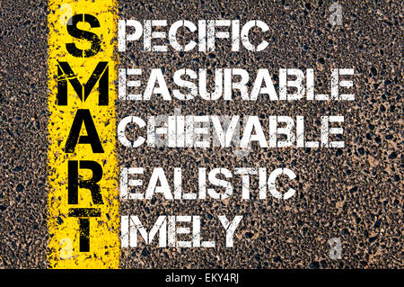 Specifica ottenibile misurabili realistico puntuale - concetto SMART. Immagine concettuale con vernice gialla linea sulla strada su asfalto sullo sfondo di pietra. Foto Stock