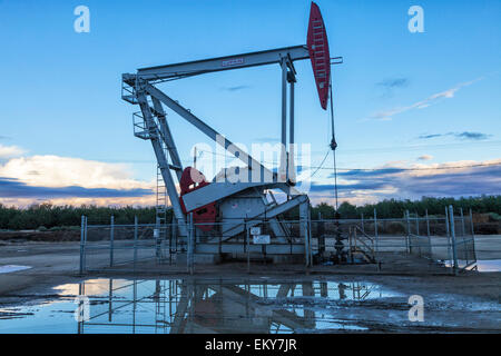 Un pumpjack ed acqua di superficie a pozzo petrolifero e fracking sito in Shafter. Kern County, che si trova oltre il Monterey Shale, ha visto un Foto Stock