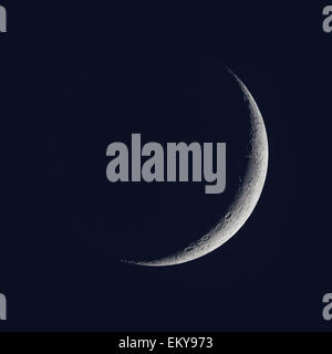 Waxing Crescent, crescent moon contro il blu scuro del cielo della sera Foto Stock