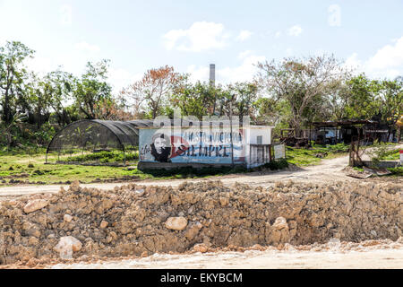 Sulla parete di un edificio in una parte remota di Cuba con un murale con la bandiera cubana, immagine di Che Guevara e un rivoluzionario di slogan. Foto Stock