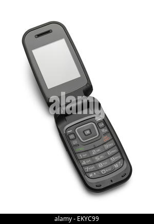 Aprire il Flip nero telefono cellulare isolato su uno sfondo bianco. Foto Stock