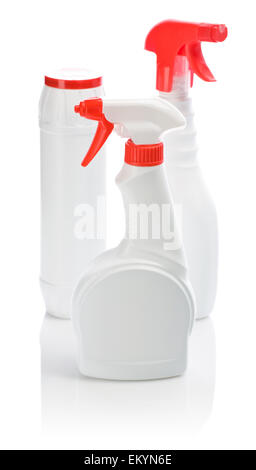 Tre pulitore bianco bottiglia con coperchio colorato Foto Stock