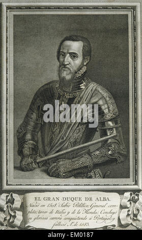 Fernando Alvarez de Toledo y Pimentel (1507-1582). 3° duca di Alba. Governatore di Milano del vicerè di Napoli, Governatore dei Paesi Bassi e il primo viceré del Portogallo e del Algarves. Incisione. Ritratto. Foto Stock