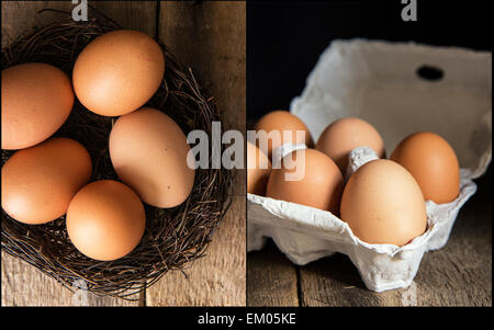Compilazione di uova fresche immagini di moody illuminazione naturale impostazione con stile vintage Foto Stock