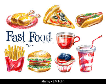 Il cibo fresco vettore logo design modello. hot dog, hamburger o dessert, bevanda icona. Foto Stock