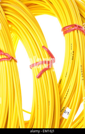 Il giallo di cavi in fibra ottica isolata su sfondo bianco Foto Stock