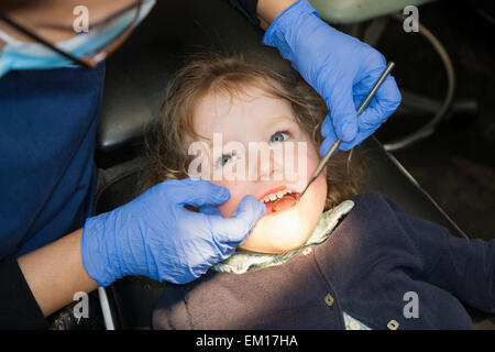 Bimbo/bimbo di 2 o 3 anni/bimbo di due o tre anni durante il check-up con dentista/studio dentistico per bambini. REGNO UNITO. Foto Stock