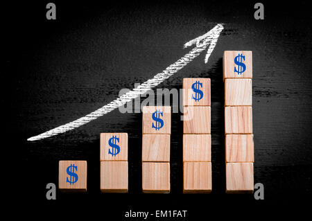 Il simbolo del dollaro sulla freccia ascendente al di sopra del grafico a barre di legno di cubetti isolati su sfondo nero. Chalk disegno sulla lavagna. Foto Stock