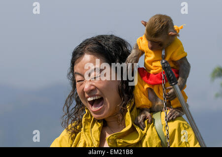 Scimmia macaco pone con turisti cinesi su Huaguo Mountain Scenic Area, Lianyungang, Jiansu Provincia, Cina. Foto Stock