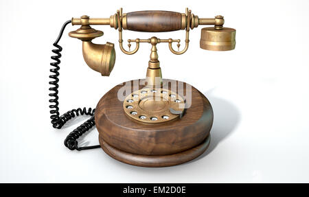 Un vintage in legno e ottone il telefono con un ricevitore e comporre abbellimenti isolato su un bianco di sfondo per studio Foto Stock