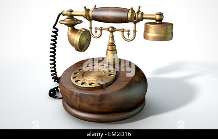 Un vintage in legno e ottone il telefono con un ricevitore e comporre abbellimenti isolato su un bianco di sfondo per studio Foto Stock