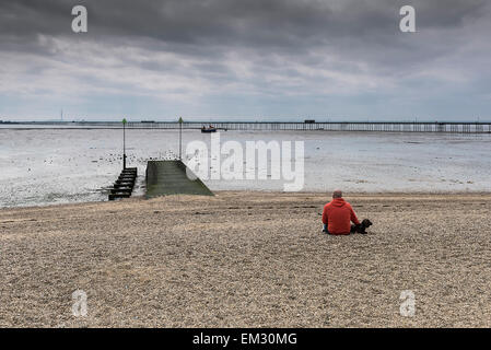 Un uomo e il suo cane seduto sulla spiaggia della città di Southend in un giorno nuvoloso. Foto Stock