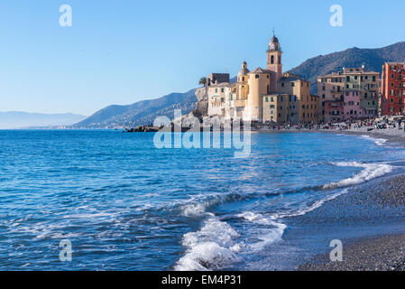 La barocca Basilica di Santa Maria dell'Assunta, situato direttamente sul mare ligure, a Camogli. Foto Stock