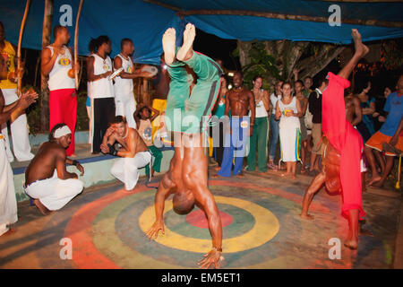 I giovani praticanti di ballo Brasiliano e arti marziali forma di Capoeira; Itacare, Bahia, Brasile Foto Stock