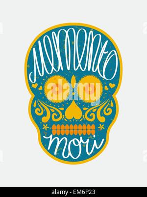 Zucchero messicano cranio con 'memento mori' (latino. Essere consapevoli della morte) scritte, illustrazione colorata per il giorno dei morti (Día d Illustrazione Vettoriale