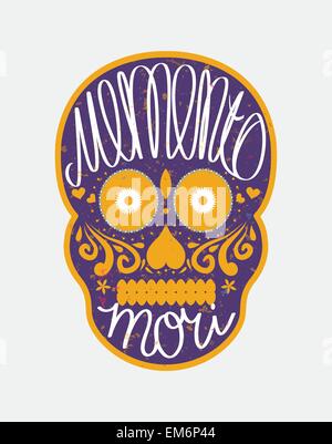 Zucchero messicano cranio con 'memento mori' (latino. Essere consapevoli della morte) scritte, illustrazione colorata per il giorno dei morti (Día d Illustrazione Vettoriale