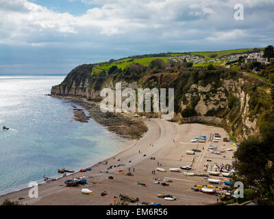 Vista guardando verso il basso sulla spiaggia di birra una piccola stazione balneare sulla South Devon Coast Inghilterra REGNO UNITO Foto Stock
