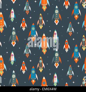 Vettore di Seamless pattern di razzi colorati nello spazio esterno tra le stelle Illustrazione Vettoriale