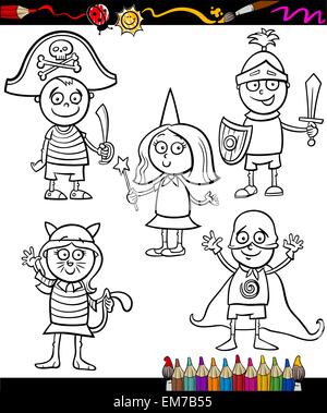 I bambini in costumi imposta pagina di colorazione Illustrazione Vettoriale