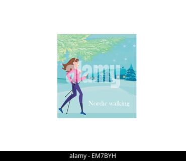 Nordic walking - donna attivo esercizio in inverno Illustrazione Vettoriale