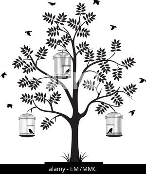 Silhouette ad albero con gli uccelli in volo e uccello in gabbia Illustrazione Vettoriale
