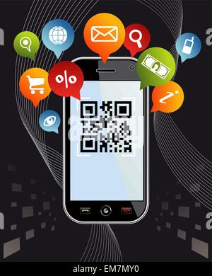 Vai social tramite Smartphone: codice QR applicazione su nero Illustrazione Vettoriale