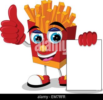 Patate fritte cartoon pollice in alto con la scheda vuota Illustrazione Vettoriale