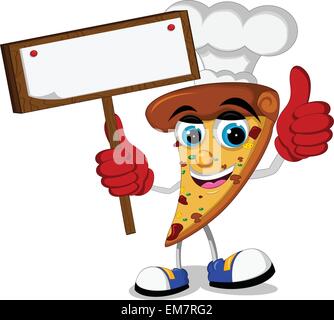 Carino pizza cartoon pollice in alto tenendo la scheda vuota Illustrazione Vettoriale