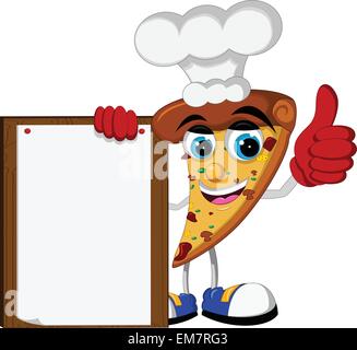 Carino pizza cartoon pollice in alto tenendo la scheda vuota Illustrazione Vettoriale
