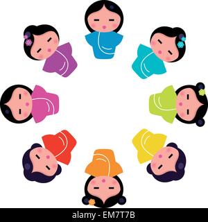 Carino il giapponese kokeshi bambole in cerchio Illustrazione Vettoriale