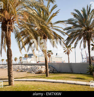 Playa de Malaguera spiaggia sabbiosa con palme e la nave di crociera, Malaga, Spagna Foto Stock