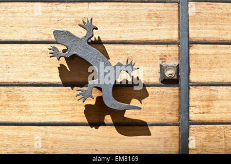 Ferro da stiro lizard maniglia e ombra sulla porta di legno Foto Stock