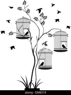 Silhouette ad albero con gli uccelli in volo Illustrazione Vettoriale
